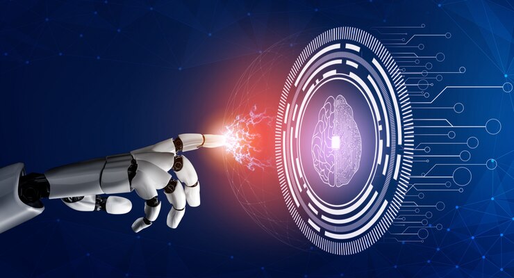 Foto robô futurista, pressionando os botões de um holograma