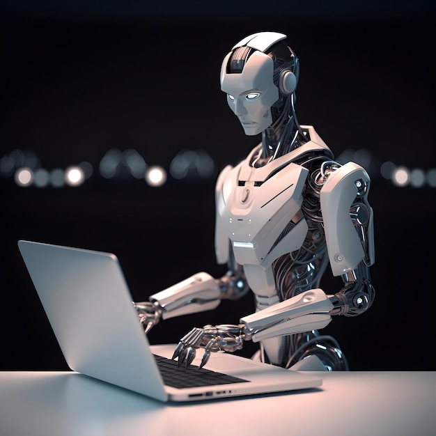 Robô futurista usando o computador portátil AI gerado