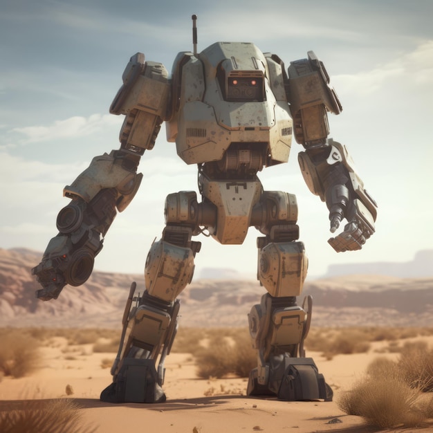 Robô gigante Mecha com luzes sobre o deserto criado usando tecnologia de IA generativa