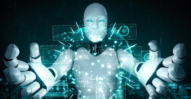 Robô hominóide AI segurando a tela de holograma virtual mostrando o conceito de big data