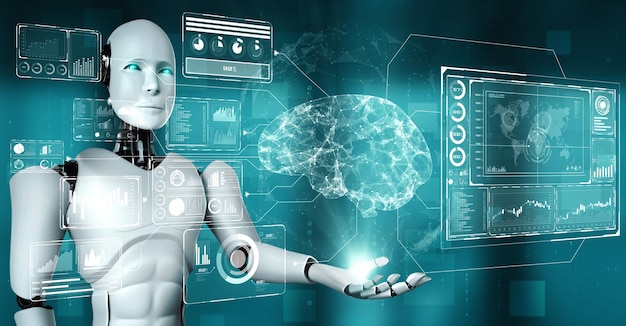 Robô hominóide AI segurando a tela de holograma virtual mostrando o conceito de cérebro AI