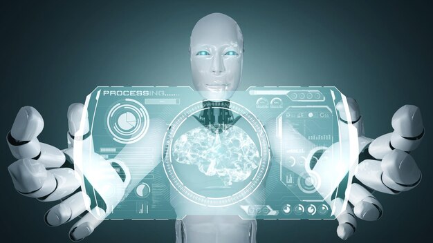 Robô hominóide de IA segurando uma tela de holograma virtual mostrando o conceito de cérebro de IA
