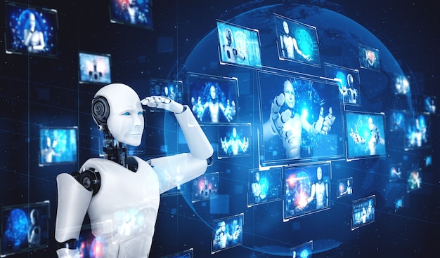 Robô humanóide ai olhando para a tela do holograma mostrando o conceito de big data