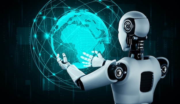 Robô humanóide AI segurando uma tela de holograma mostra o conceito de comunicação global