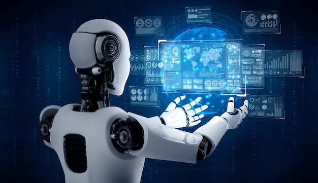Robô humanóide AI segurando uma tela de holograma virtual mostrando o conceito de big data