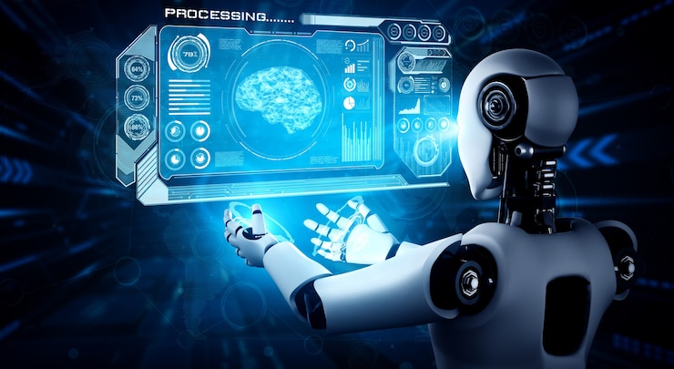 Foto robô humanóide ai segurando uma tela de holograma virtual mostrando o conceito de cérebro ai