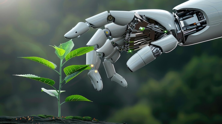 Foto robô humanoide ai tocando planta uma metáfora para usar inteligência artificial para lutar