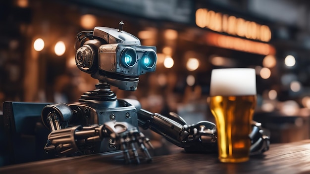 Robô humanoide bebendo cerveja em um café de rua