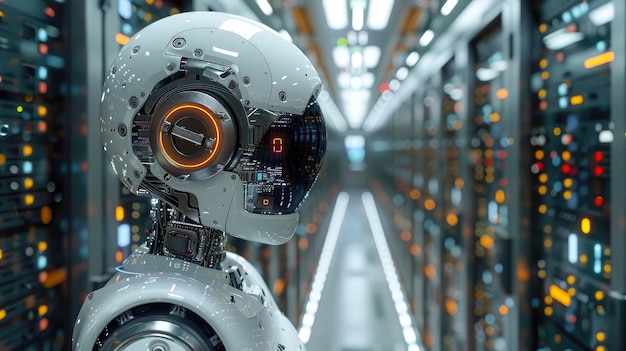 Robô humanoide conceito de tecnologia futura de inteligência artificial para a quarta revolução industrial