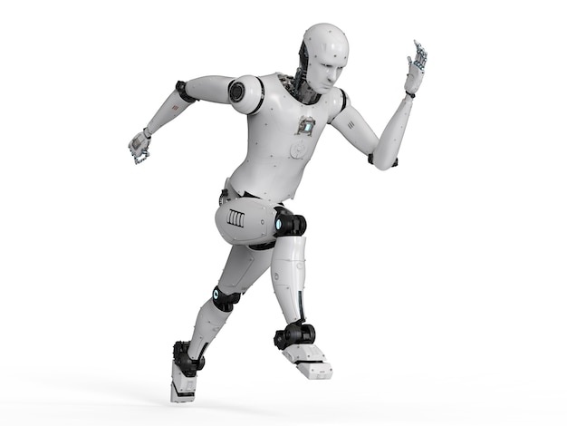 Robô humanóide de renderização 3D rodando em fundo branco