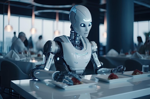 Robô humanóide de renderização 3D sentado à mesa no restaurante e comendo comida Robô futurista de AI servindo pratos no restaurante AI Generated