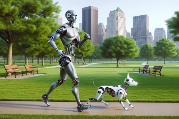 Robô humanoide e cão robótico no parque