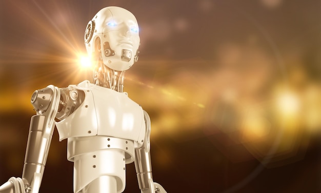 Robô humanoide em fundo futurista Organismo cibernético robótico trabalha com uma interface HUD virtual em realidade aumentada Conceito futuro