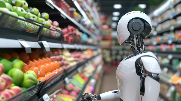 Robô humanoide em supermercado selecionando alimentos de forma autônoma