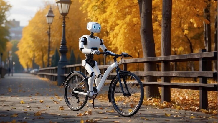 Foto robô humanoide em uma bicicleta em um parque durante o outono