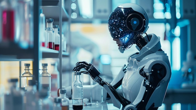 robô humanoide feminino em uma pesquisa de laboratório para nova vacina conceito futuro inteligência artificial e medicina