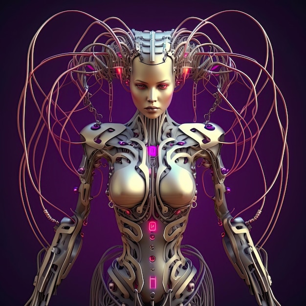 Robô humanoide feminino futurista de IA generativa com muitos fios de metal Um futuro tecnológico