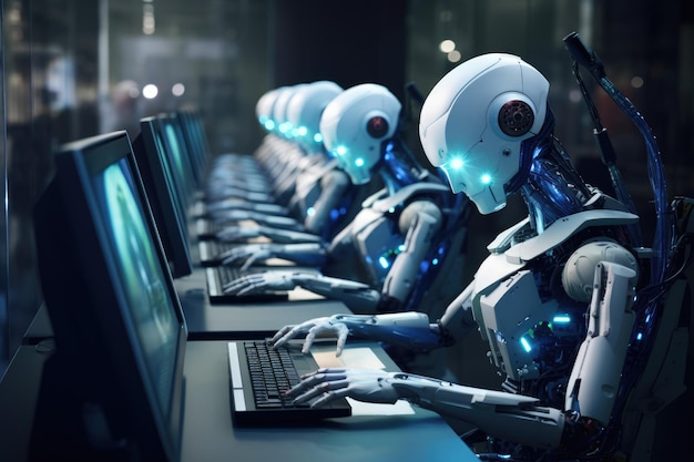 Robô humanoide interagindo com telas de computador Chatbots trabalhando e conversando gerados pela AI