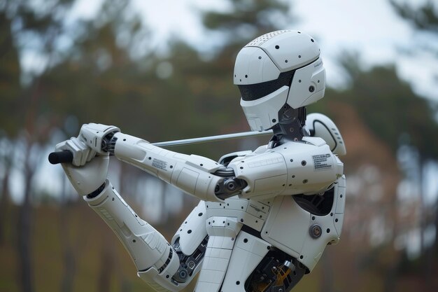 Robô humanoide jogando golfe em um dia nublado