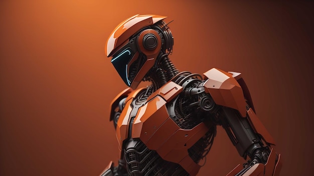 robô humanoide ou ciborgue com fundo laranja e preto