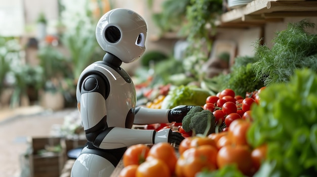 Robô humanóide seleciona cuidadosamente legumes frescos no supermercado