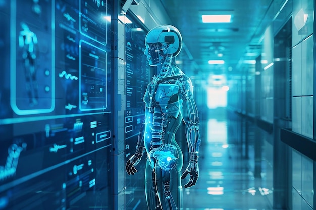 Robô humanoide trabalhando em uma sala de servidores ou centro de dados