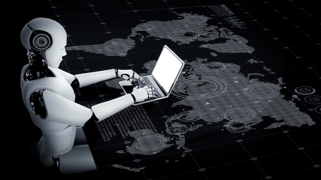 Robô humanóide usa laptop e senta à mesa para conexão de rede global