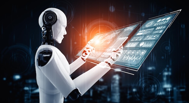Robô humanoide Xai usa telefone móvel ou tablet para análise de big data