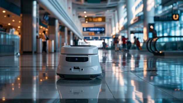 Robô industrial automático de limpeza limpando o chão no aeroporto ou no centro comercial