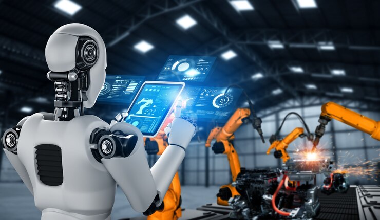 Foto robô industrial mecanizado e braços robóticos para montagem em produção fabril.