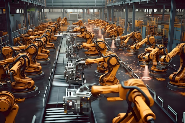 Foto robô industrial trabalhando na fábrica de linha de produção