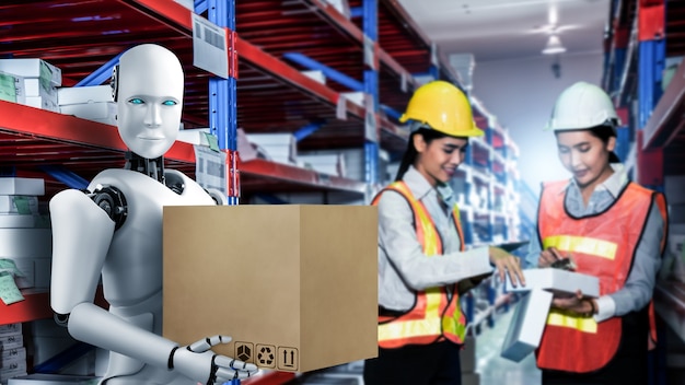 Robô inovador da indústria trabalhando em um depósito junto com um trabalhador humano