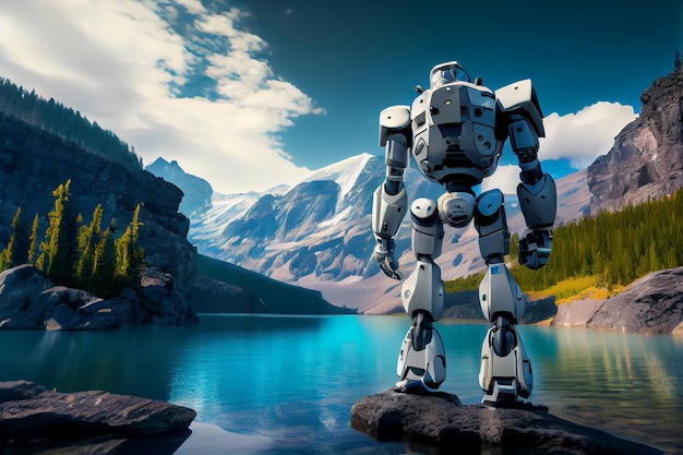 Robô legal caminha na natureza perto do lago gerado por IA