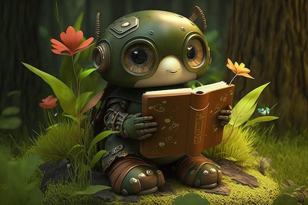 Robô lendo um livro na floresta