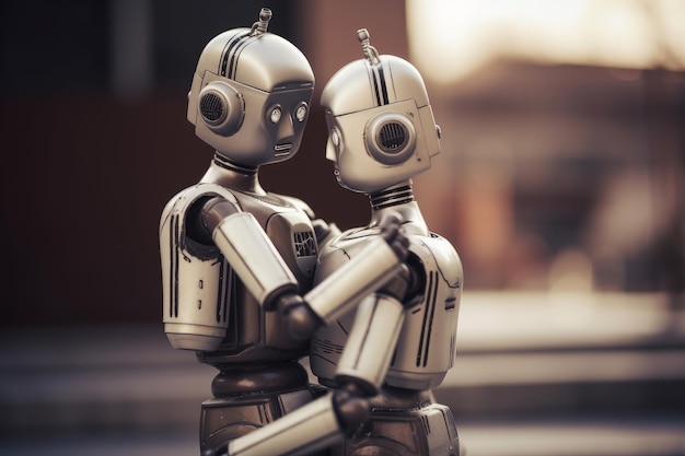 Robô lindo casal segurando um ao outro IA generativa