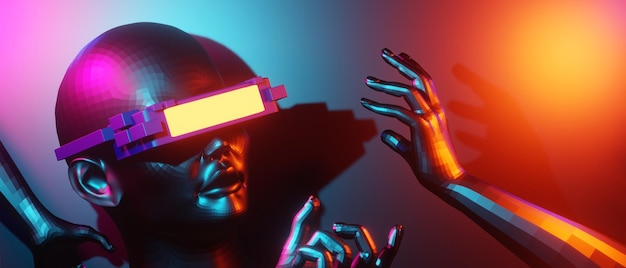 Robô mão abstrata backgound videogame de esports scifi gaming cyberpunk vr simulação de realidade virtual e cena metaverse stand pedestal stage ilustração 3d renderização futurista neon glow