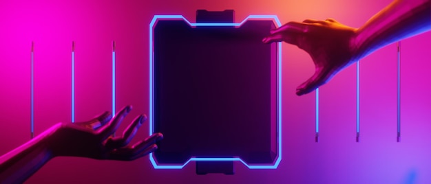 Robô mão abstrata backgound videogame de esports scifi gaming cyberpunk vr simulação de realidade virtual e cena metaverse stand pedestal stage ilustração 3d renderização futurista neon glow