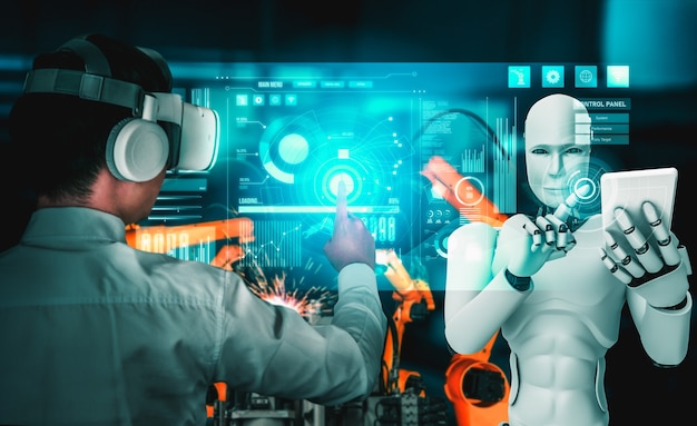 Robô mecanizado da indústria e trabalhador humano trabalhando juntos na futura fábrica
