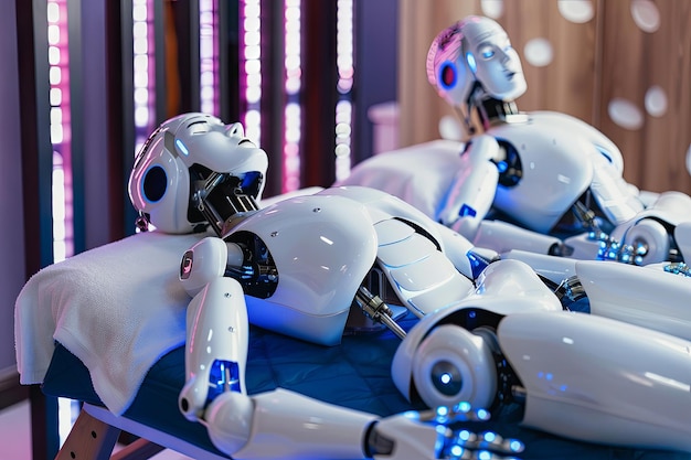 Robô moderno fazendo massagem em uma sala de massagem cibernética sendo massagem por robôs