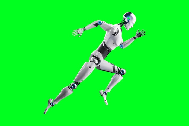 Robô moderno tecnológico de corpo inteiro em pose de corrida em fundo verde Redes neurais