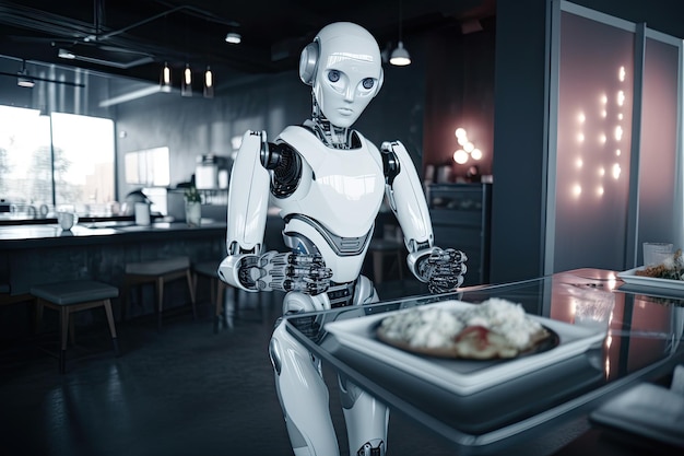 Robô na cozinha de um restaurante renderização em 3d Robô futurista de IA servindo pratos no restaurante gerado por IA