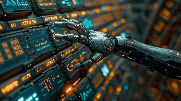 Robô para comércio automatizado no mercado de ações de fundos Robô de mão aponta gráfico de negócios financeiros Inteligência artificial ajuda os comerciantes a analisar dados de negociação de títulos no mercado de bolsa de valores IA