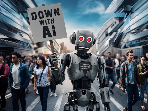 Robô protestando contra a inteligência artificial em uma rua movimentada da cidade