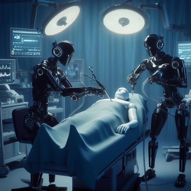 Foto robô realiza cirurgia em uma pessoa na mesa de cirurgia conceito de medicina futura