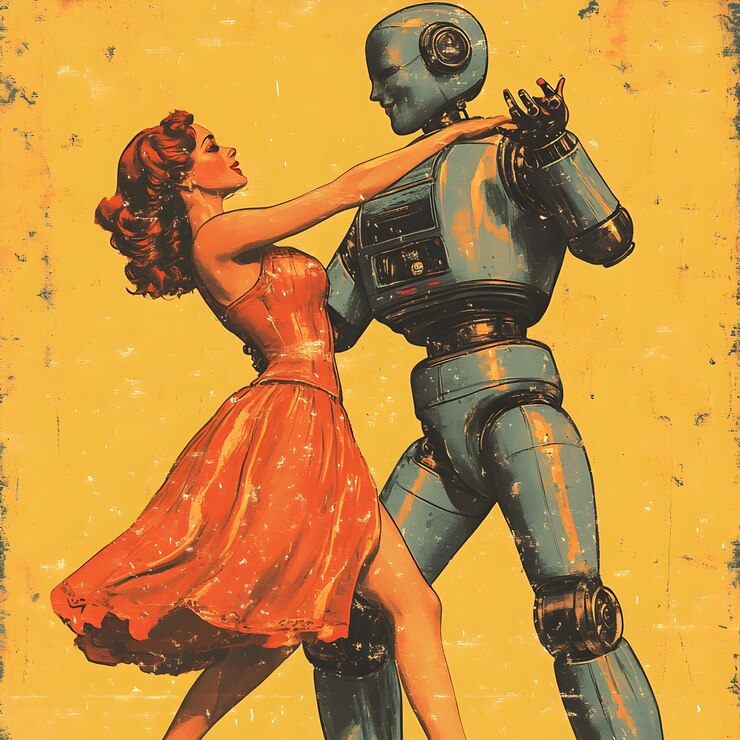 Foto robô retrô-futurista e homem dançando em harmonia