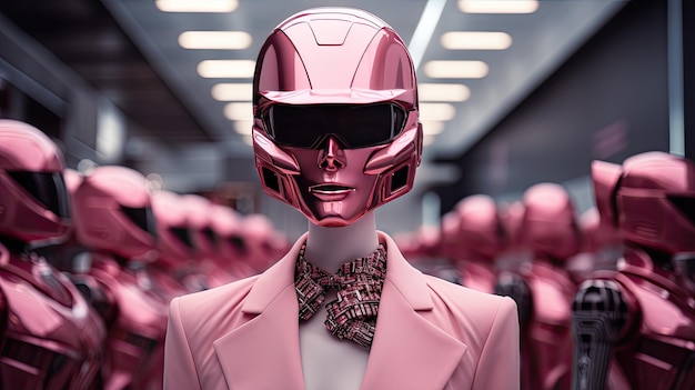 Robô rosa com AI em um desfile de moda o futuro da moda