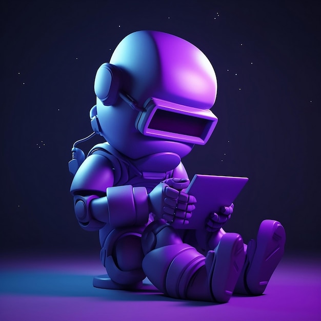 Robô roxo com um tablet em 3D