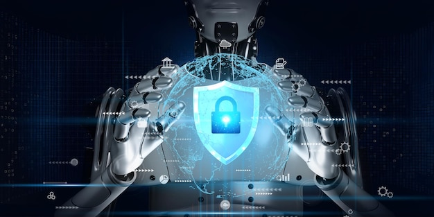 robô segurando escudo proteger ícone de proteção de rede de segurança computador e seguro seu conceito de dados
