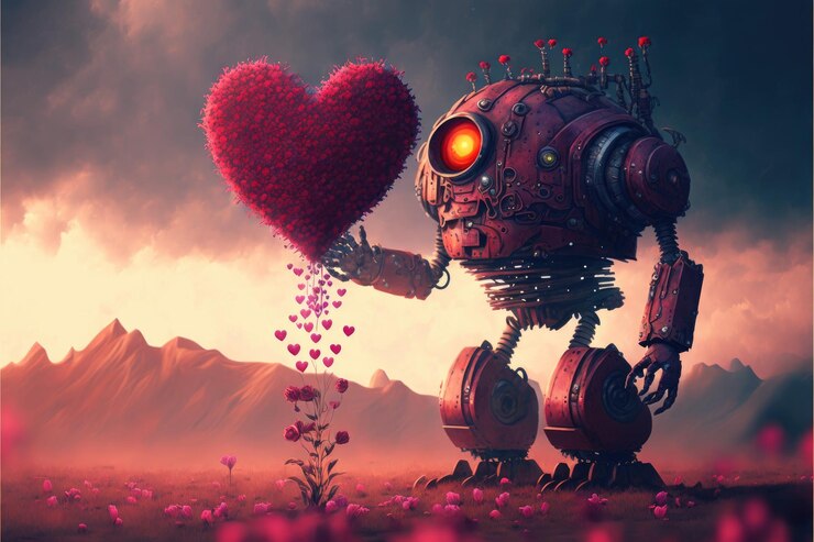 Foto robô segurando um coração vermelho valentine conceito futurista generative ai