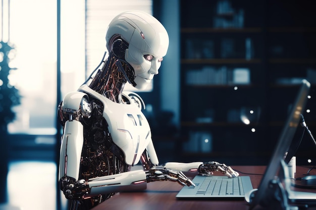 Robô sentado à mesa com um laptop à sua frente IA generativa